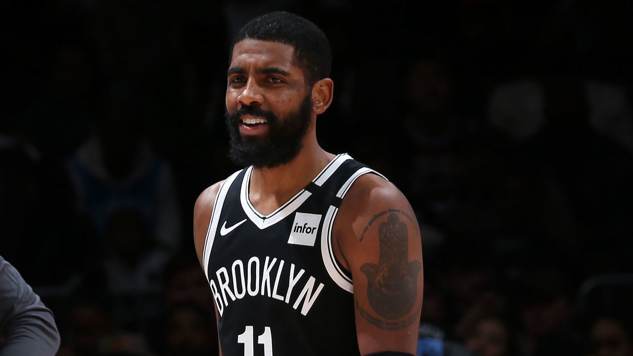 WASHINGTON, DC - FEBRUARY 1: Kyrie Irving #11 of the Brooklyn Nets smiles during the game against the Washington Wizards on February 1, 2020 at Capital One Arena in Washington, DC. Mandatory Copyright Notice: Copyright 2020 NBAE
