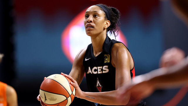 PALMETTO, FL - SEPTEMBER 29: A'ja Wilson #22 of the Las Vegas Aces shoots the ball against the Connecticut Sun in Game Five of the Semifinals of the 2020 WNBA Playoffs on September 29, 2020 at Feld Entertainment Center in Palmetto, Florida. NOTE TO USER: User expressly acknowledges and agrees that, by downloading and/or using this Photograph, user is consenting to the terms and conditions of the Getty Images License Agreement. Mandatory Copyright Notice: Copyright 2020 NBAE