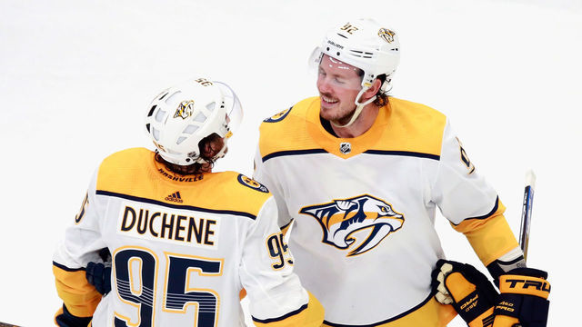 EDMONTON, ALBERTA - JULY 30: Matt Duchene #95 and Ryan Johansen #92 of the Nashville Predators celebrate their 2-0 shutout against the Dallas Stars in an exhibition game prior to the 2020 NHL Stanley Cup Playoffs at Rogers Place on July 30, 2020 in Edmonton, Alberta, Canada.