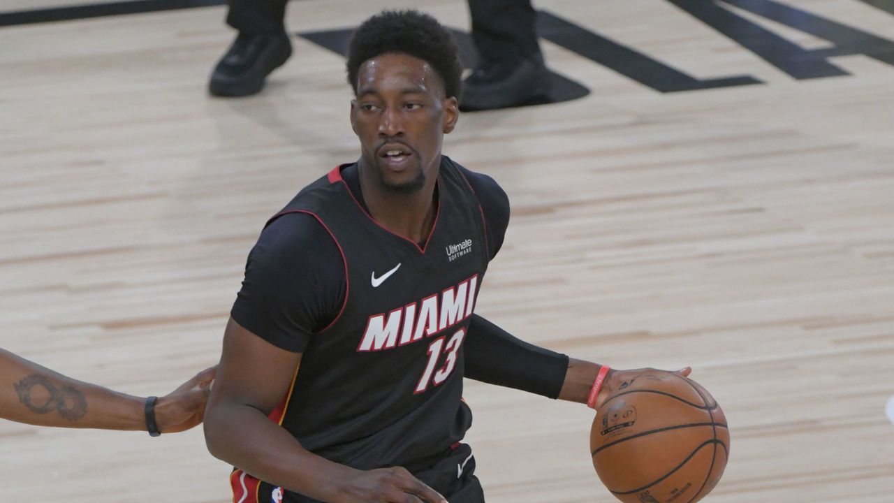 ORLANDO, FL - SEPTEMBER 30: Bam Adebayo #13 of the Miami Heat handles the ball against the Los Angeles Lakers during Game One of the NBA Finals on September 30, 2020 in Orlando, Florida at AdventHealth Arena. NOTE TO USER: User expressly acknowledges and agrees that, by downloading and/or using this Photograph, user is consenting to the terms and conditions of the Getty Images License Agreement. Mandatory Copyright Notice: Copyright 2020 NBAE