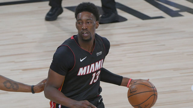 ORLANDO, FL - SEPTEMBER 30: Bam Adebayo #13 of the Miami Heat handles the ball against the Los Angeles Lakers during Game One of the NBA Finals on September 30, 2020 in Orlando, Florida at AdventHealth Arena. NOTE TO USER: User expressly acknowledges and agrees that, by downloading and/or using this Photograph, user is consenting to the terms and conditions of the Getty Images License Agreement. Mandatory Copyright Notice: Copyright 2020 NBAE