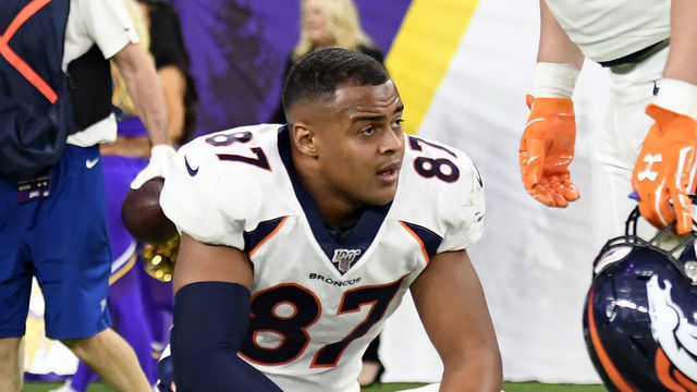 MINNEAPOLIS, MINNESOTA - NOVEMBER 17: (L-R) Noah Fant #87 and Troy Fumagalli #84 of the Denver Broncos after a 23-27 loss against the Minnesota Vikings at U.S. Bank Stadium on November 17, 2019 in Minneapolis, Minnesota.