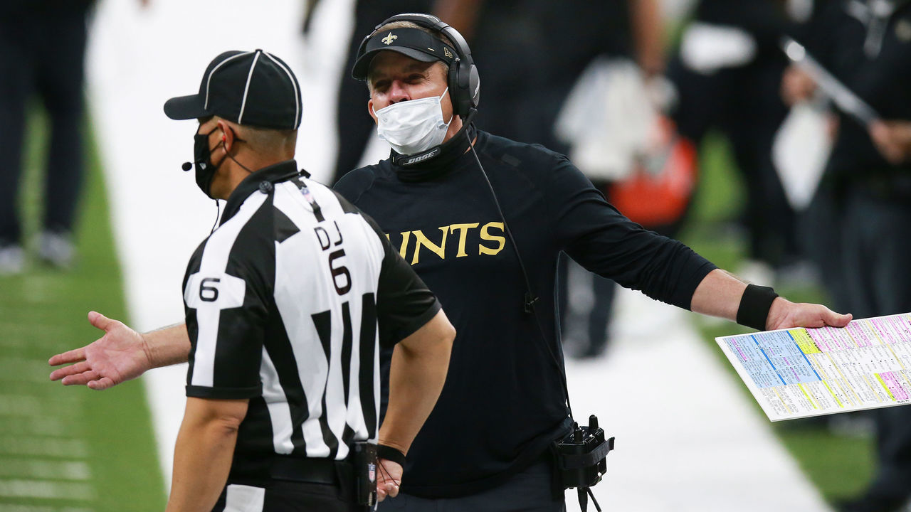 NEW ORLEANS, LOUISIANA - SEPTEMBER 27: Head coach Sean Payton of the New Orleans Saints argues with down judge Jerod Phillips #6 during the second half against the Green Bay Packers at Mercedes-Benz Superdome on September 27, 2020 in New Orleans, Louisiana.