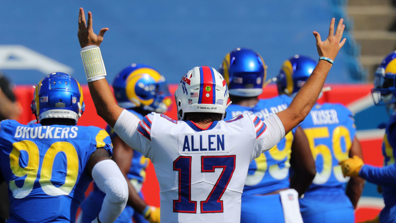 ORCHARD PARK, NY - SEPTEMBER 27: Josh Allen #17 of the Buffalo Bills celebrates his teams touchdown against the Los Angeles Rams at Bills Stadium on September 27, 2020 in Orchard Park, New York. Bills beat the Rams 35 to 32.