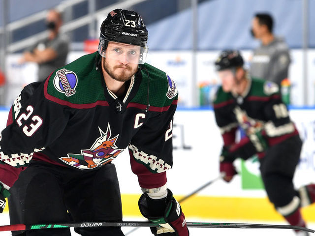 EDMONTON, ALBERTA - JULY 30: Oliver Ekman-Larsson #23 of the Arizona Coyotes attends warm ups before the exhibition game against the Vegas Golden Knights prior to the 2020 NHL Stanley Cup Playoffs at Rogers Place on July 30, 2020 in Edmonton, Alberta.