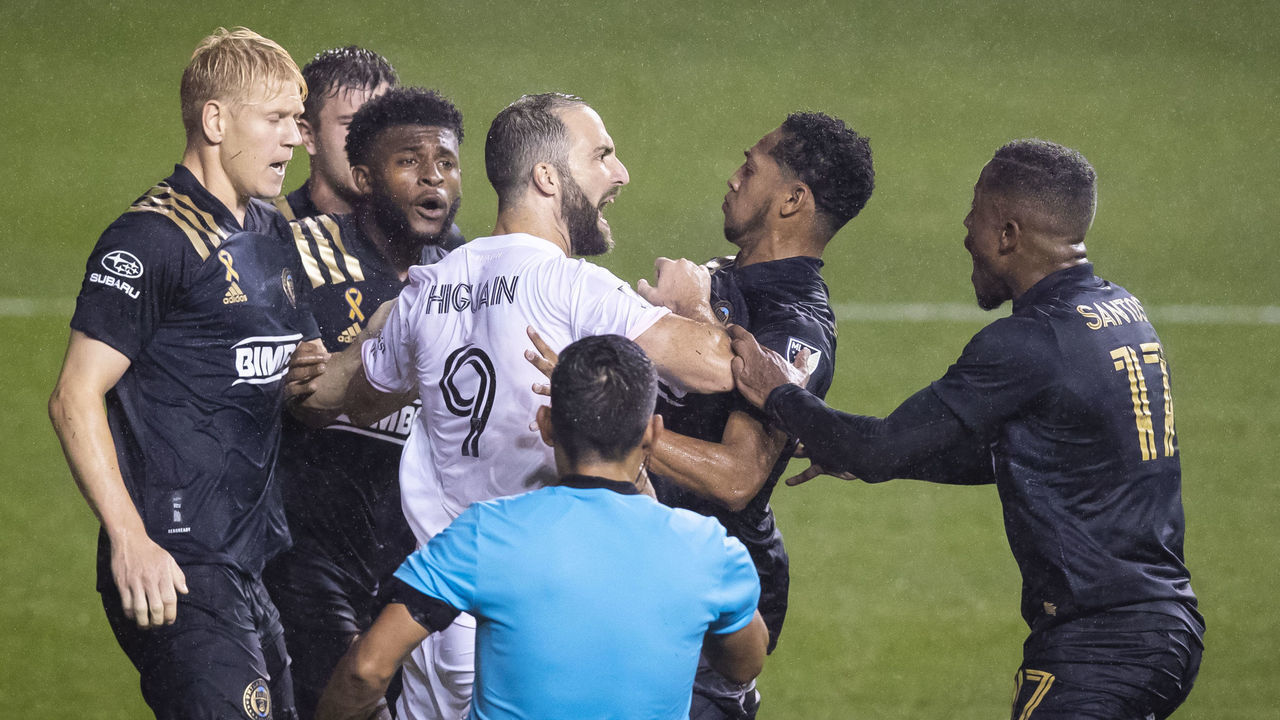 CHESTER, PA - SEPTEMBER 27: Gonzalo Higuaín #9 of Inter Miami CF mixes it up with Kai Wagner #27 of Philadelphia Union and other Philadelphia Union players after a missed penalty kick during the second half of the Major League Soccer match between Inter Miami CF and Philadelphia Union at Subaru Park on September 27, 2020 in Chester, Pennsylvania.