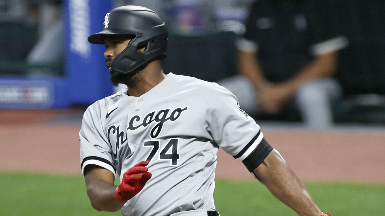 CLEVELAND, OH - SEPTEMBER 23: Eloy Jiménez #74 of the Chicago White Sox hits a double off starting pitcher Shane Bieber #57 of the Cleveland Indians during the fourth inning at Progressive Field on September 23, 2020 in Cleveland, Ohio.