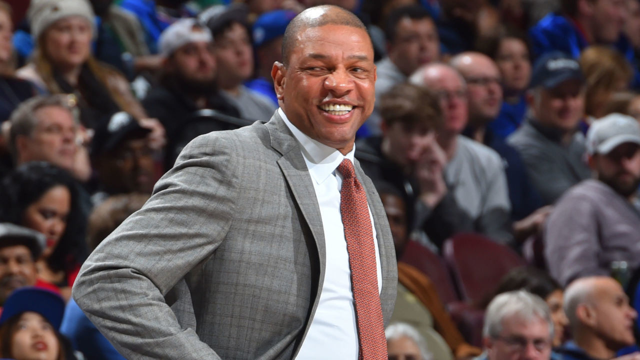 PHILADELPHIA,PA - FEBRUARY 10 : Head Coach Doc Rivers of the Los Angeles Clippers smiles against the Philadelphia 76ers at Wells Fargo Center on February 10, 2018 in Philadelphia, Pennsylvania NOTE TO USER: User expressly acknowledges and agrees that, by downloading and/or using this Photograph, user is consenting to the terms and conditions of the Getty Images License Agreement. Mandatory Copyright Notice: Copyright 2018 NBAE