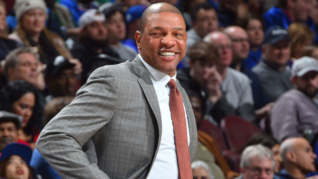 PHILADELPHIA,PA - FEBRUARY 10 : Head Coach Doc Rivers of the Los Angeles Clippers smiles against the Philadelphia 76ers at Wells Fargo Center on February 10, 2018 in Philadelphia, Pennsylvania NOTE TO USER: User expressly acknowledges and agrees that, by downloading and/or using this Photograph, user is consenting to the terms and conditions of the Getty Images License Agreement. Mandatory Copyright Notice: Copyright 2018 NBAE