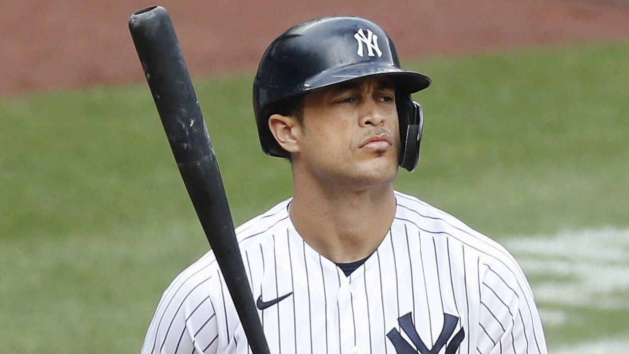 NEW YORK, NEW YORK - SEPTEMBER 26: (NEW YORK DAILIES OUT) Giancarlo Stanton #27 of the New York Yankees in action against the Miami Marlins at Yankee Stadium on September 26, 2020 in New York City. The Yankees defeated the Marlins 11-4.