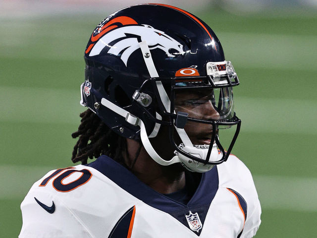 EAST RUTHERFORD, NEW JERSEY - OCTOBER 01: Jerry Jeudy #10 of the Denver Broncos warms up against the New York Jets at MetLife Stadium on October 01, 2020 in East Rutherford, New Jersey.
