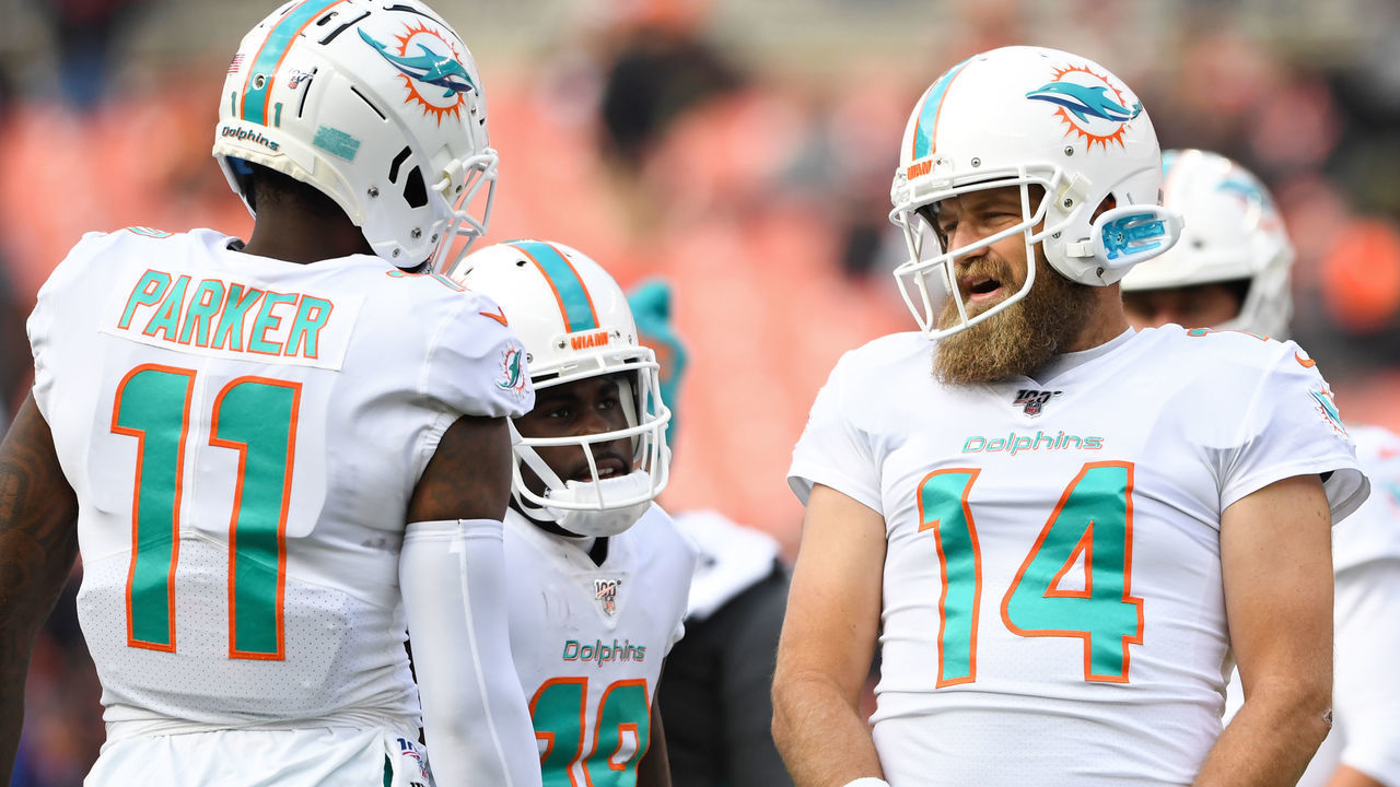 CLEVELAND, OH - NOVEMBER 24, 2019: Quarterback Ryan Fitzpatrick #14 of the Miami Dolphins talks with wide receiver DeVante Parker #11 prior to a game against the Cleveland Browns on November 24, 2019 at FirstEnergy Stadium in Cleveland, Ohio. Cleveland won 41-24. (Photo by: 2019 Nick Cammett/Diamond Images via Getty Images)