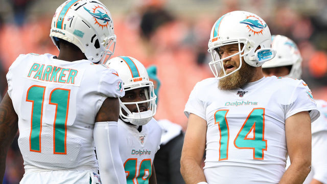 CLEVELAND, OH - NOVEMBER 24, 2019: Quarterback Ryan Fitzpatrick #14 of the Miami Dolphins talks with wide receiver DeVante Parker #11 prior to a game against the Cleveland Browns on November 24, 2019 at FirstEnergy Stadium in Cleveland, Ohio. Cleveland won 41-24. (Photo by: 2019 Nick Cammett/Diamond Images via Getty Images)