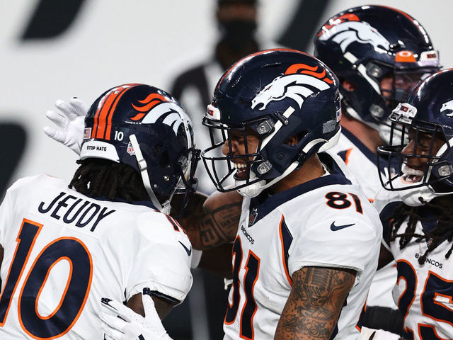 EAST RUTHERFORD, NEW JERSEY - OCTOBER 01: Jerry Jeudy #10 of the Denver Broncos celebrates a touchdown against the New York Jets with teammate Tim Patrick #81 and Melvin Gordon #25 during the second quarter at MetLife Stadium on October 01, 2020 in East Rutherford, New Jersey.