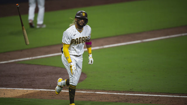 SAN DIEGO, CA - OCTOBER 01: Fernando Tatis Jr #23 of the San Diego Padres tosses his bat after hitting a home run in the bottom of the sixth inning against the St Louis Cardinals during Game Two of the National League Wildcard series at PETCO Park on October 1, 2020 in San Diego, California.