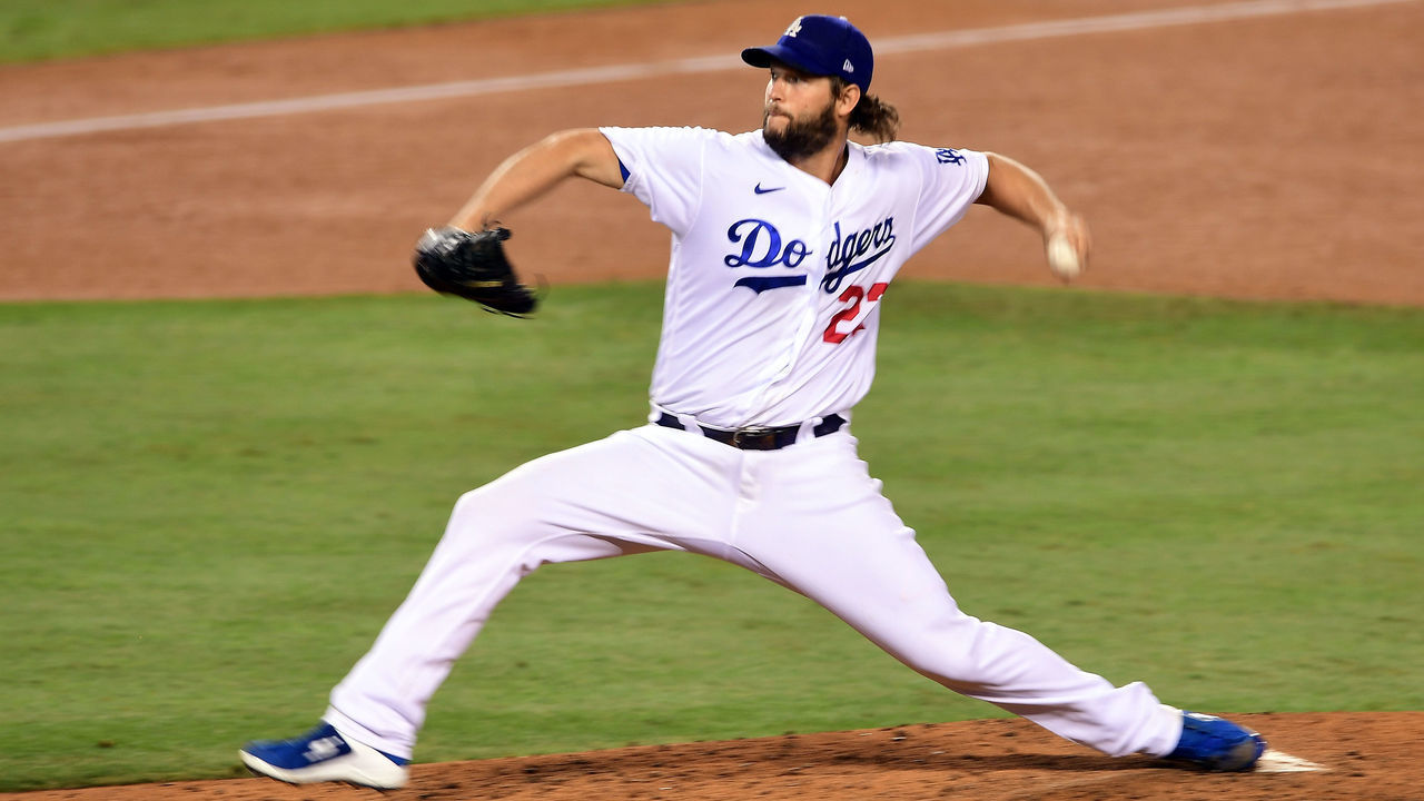 LOS ANGELES, CA - OCTOBER 01: Clayton Kershaw #22 of the Los Angeles Dodgers pitches during Game 2 of the Wild Card Series between the Milwaukee Brewers and the Los Angeles Dodgers at Dodger Stadium on Thursday, October 1, 2020 in Los Angeles, California.