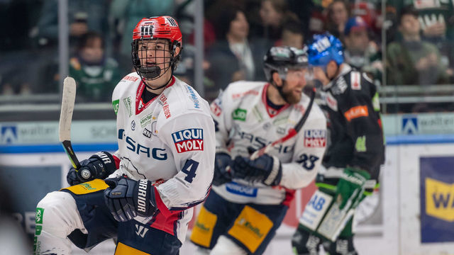 AUGSBURG, GERMANY - OCTOBER 04: Lukas Reichel of Eisbaeren Berlin celebrates his second goal during the DEL match between Augsburger Panther and Eisbaeren Berlin at Curt-Frenzel-Stadion on October 4, 2019 in Augsburg, Germany.