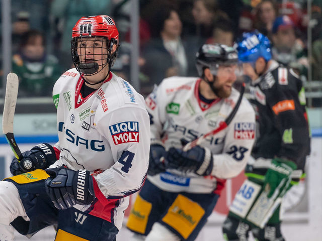 AUGSBURG, GERMANY - OCTOBER 04: Lukas Reichel of Eisbaeren Berlin celebrates his second goal during the DEL match between Augsburger Panther and Eisbaeren Berlin at Curt-Frenzel-Stadion on October 4, 2019 in Augsburg, Germany.