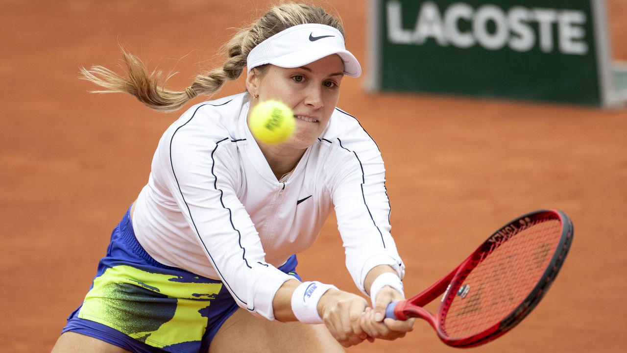 PARIS, FRANCE October 02. Eugenie Bouchard of Canada in action against Iga Swiatek of Poland in the third round of the singles competition on Court Simonne Mathieu during the French Open Tennis Tournament at Roland Garros on October 2nd 2020 in Paris, France.