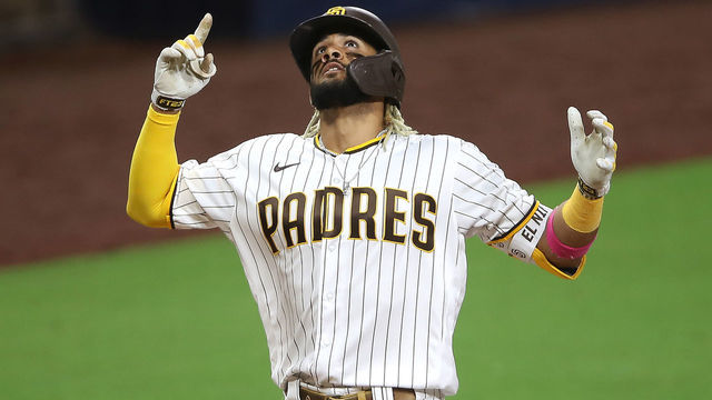 SAN DIEGO, CALIFORNIA - OCTOBER 01: Fernando Tatis Jr. #23 of the San Diego Padres reacts after his two-run homerun during the seventh inning of Game Two of the National League Wild Card Series against the St. Louis Cardinals at PETCO Park on October 01, 2020 in San Diego, California.