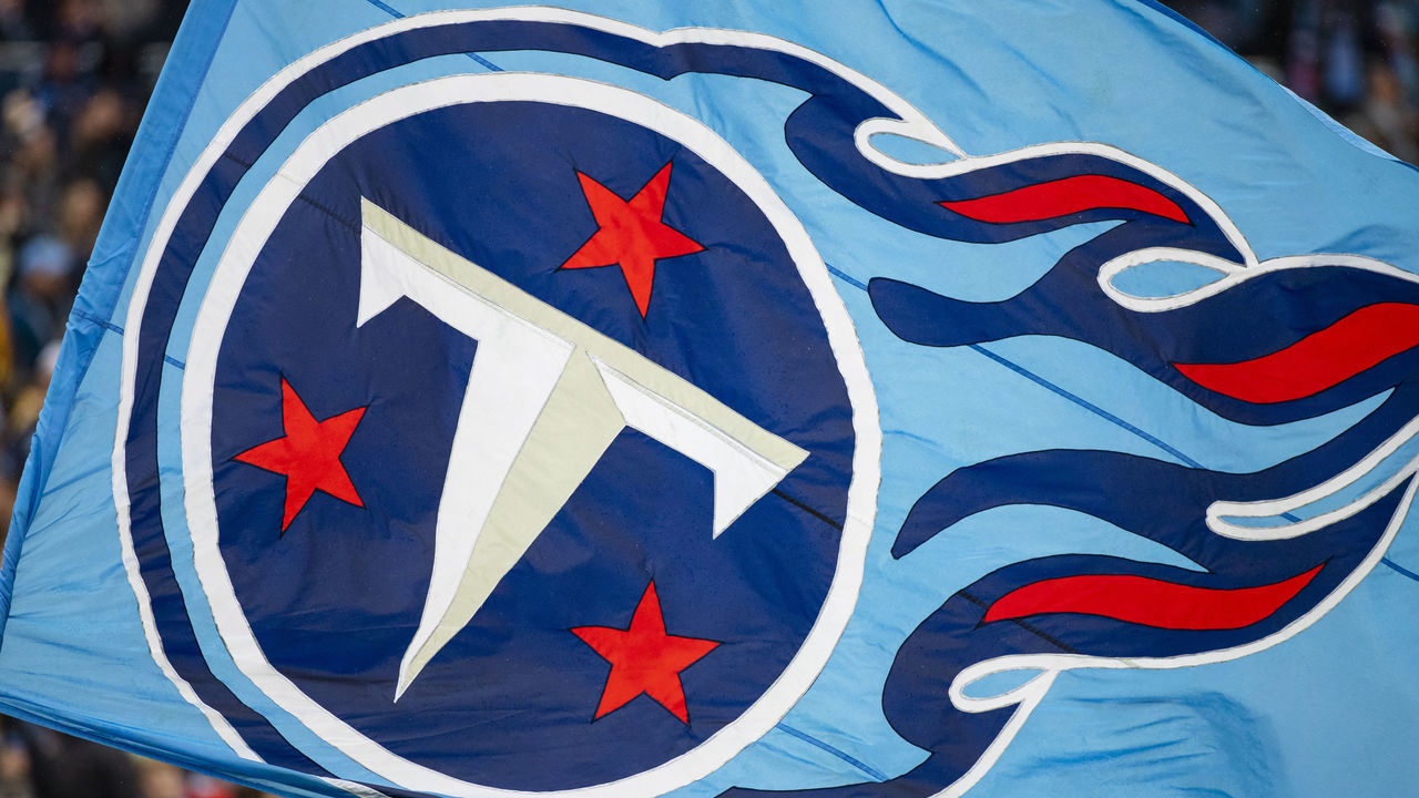 NASHVILLE, TN - DECEMBER 22: Detail view of the Tennessee Titans logo on a flag waved by cheerleaders during the game against the New Orleans Saints at Nissan Stadium on December 22, 2019 in Nashville, Tennessee. New Orleans defeats Tennessee 38-28.