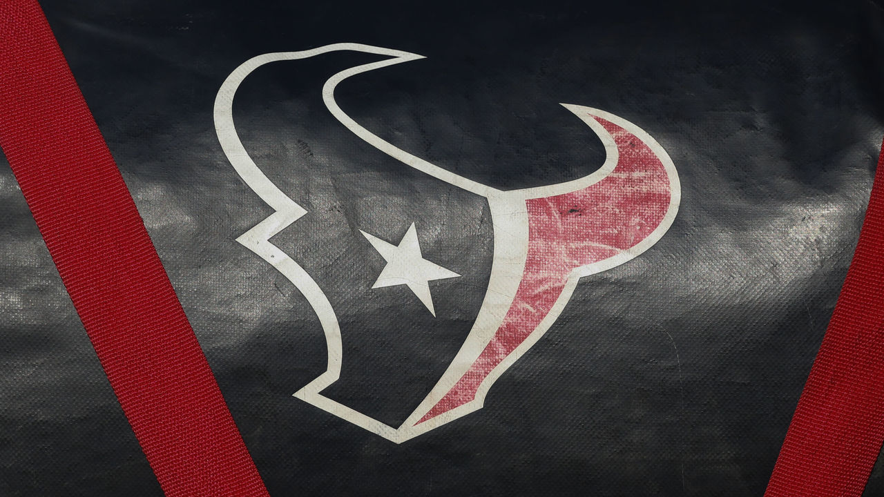 KANSAS CITY, MO - OCTOBER 13: A view of the Houston Texans logo on a bag before an NFL matchup between the Houston Texans and Kansas City Chiefs on October 13, 2019 at Arrowhead Stadium in Kansas City, MO.