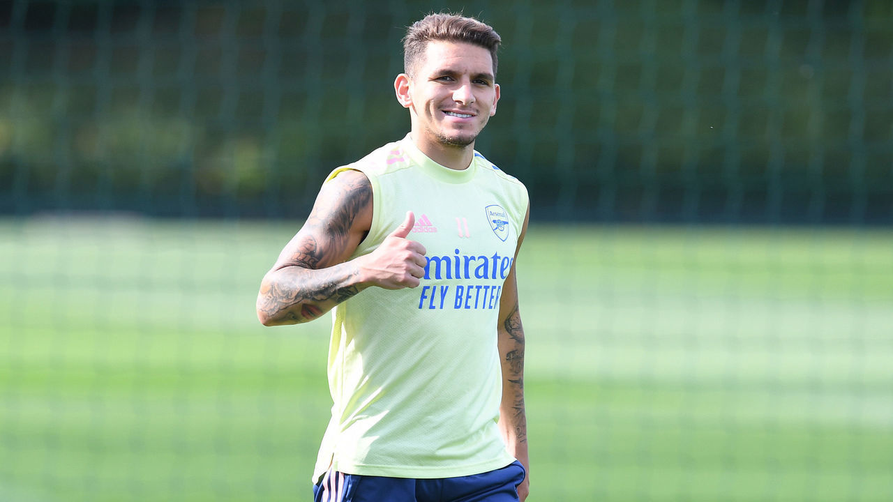 ST ALBANS, ENGLAND - JULY 17: Lucas Torreira of Arsenal during a training session at London Colney on July 17, 2020 in St Albans, England.