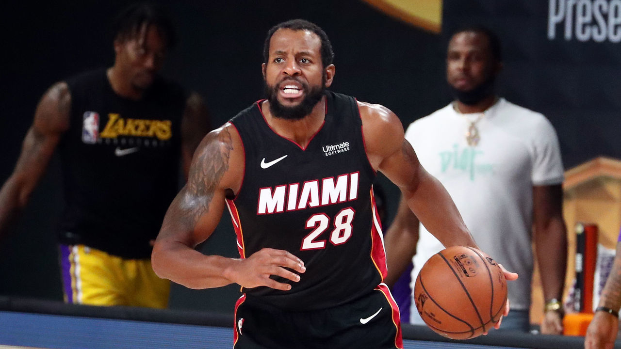 ORLANDO, FL - SEPTEMBER 30: Andre Iguodala #28 of the Miami Heat handles the ball during the game against the Los Angeles Lakers during Game One of the NBA Finals on September 30, 2020 at The AdventHealth Arena at ESPN Wide World Of Sports Complex in Orlando, Florida. NOTE TO USER: User expressly acknowledges and agrees that, by downloading and/or using this Photograph, user is consenting to the terms and conditions of the Getty Images License Agreement. Mandatory Copyright Notice: Copyright 2020 NBAE