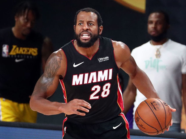 ORLANDO, FL - SEPTEMBER 30: Andre Iguodala #28 of the Miami Heat handles the ball during the game against the Los Angeles Lakers during Game One of the NBA Finals on September 30, 2020 at The AdventHealth Arena at ESPN Wide World Of Sports Complex in Orlando, Florida. NOTE TO USER: User expressly acknowledges and agrees that, by downloading and/or using this Photograph, user is consenting to the terms and conditions of the Getty Images License Agreement. Mandatory Copyright Notice: Copyright 2020 NBAE