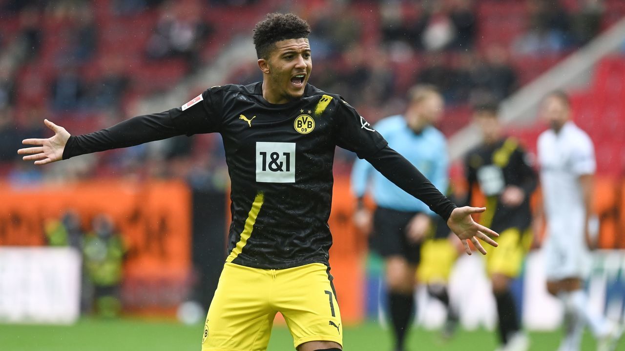 Dortmund's English midfielder Jadon Sancho reacts during the German first division Bundesliga football match FC Augsburg v BVB Borussia Dortmund on September 26, 2020 in Augsburg, southern Germany.