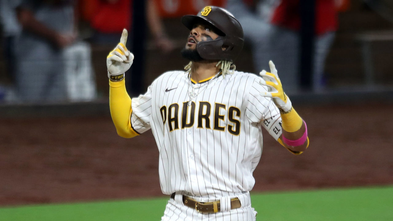SAN DIEGO, CA - OCTOBER 01: Fernando Tatis Jr. #23 of the San Diego Padres celebrates after hitting a three-run home run in the six inning during Game 2 of the Wild Card Series between the St. Louis Cardinals and the San Diego Padres at Petco Park on Thursday, October 1, 2020 in San Diego, California.
