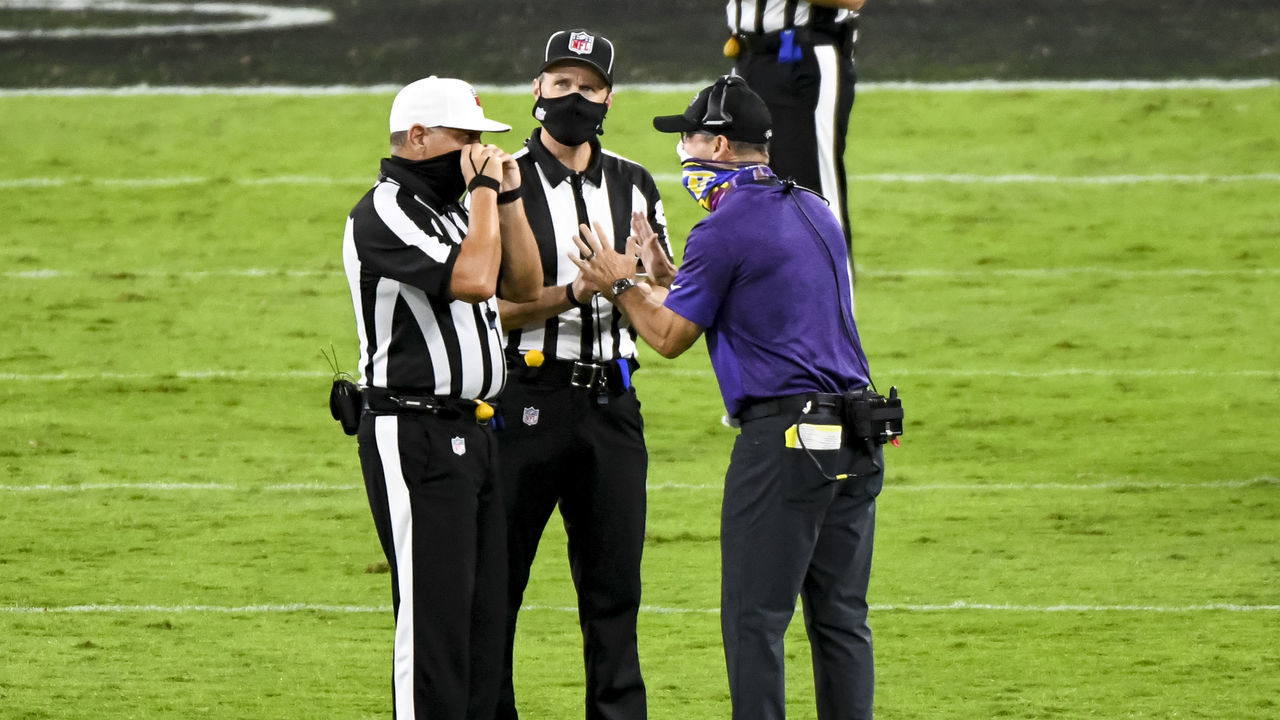 BALTIMORE, MD - SEPTEMBER 28: Baltimore Ravens head coach John Harbaugh come out to talk with the game officials during the Kansas City Chiefs game versus the Baltimore Ravens on September 28, 2020 at M&T Bank Stadium in Baltimore, MD.