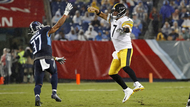 NASHVILLE, TENNESSEE - AUGUST 25: Quarterback Ben Roethlisberger #7 of the Pittsburgh Steelers throws a pass against Amani Hooker #37 of the Tennessee Titans during the first half of a preseason game at Nissan Stadium on August 25, 2019 in Nashville, Tennessee.