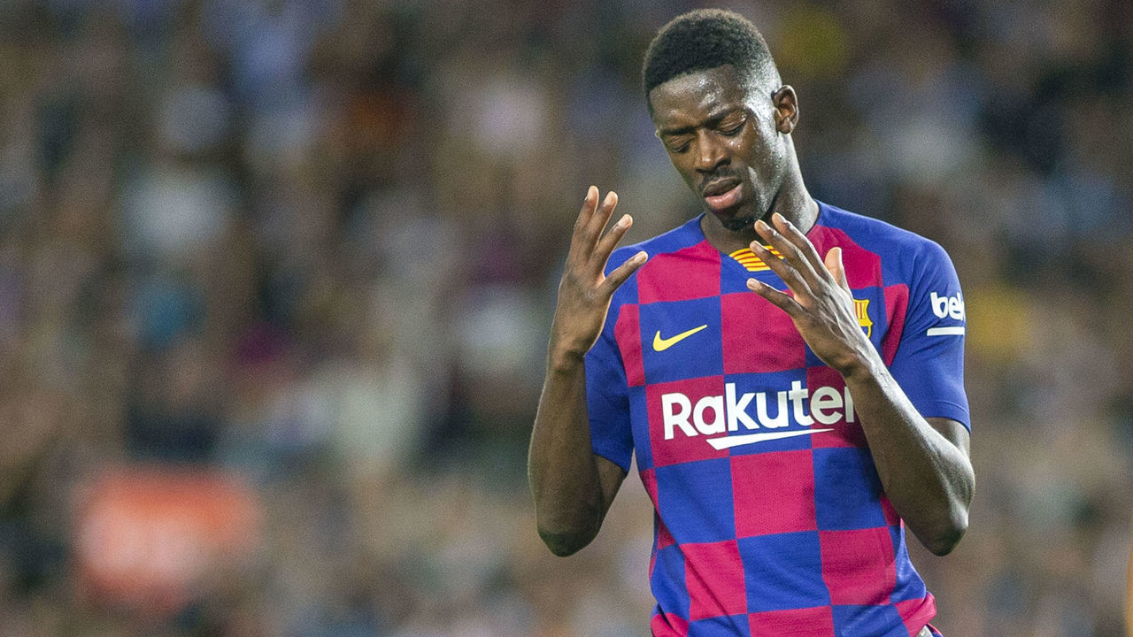 BARCELONA, SPAIN - October 6: Ousmane Dembele #11 of Barcelona reacts after shooting wide during the Barcelona V Sevilla, La Liga regular season match at Estadio Camp Nou on October 6th 2019 in Barcelona, Spain.