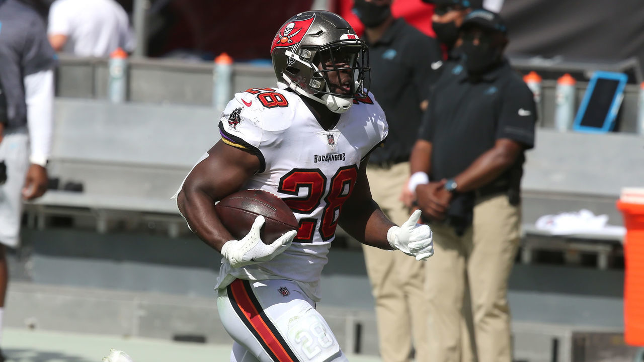 TAMPA, FL - SEP 20: Leonard Fournette (28) of the Bucs carries the ball during the regular season game between the Carolina Panthers and the Tampa Bay Buccaneers on September 20, 2020 at Raymond James Stadium in Tampa, Florida.