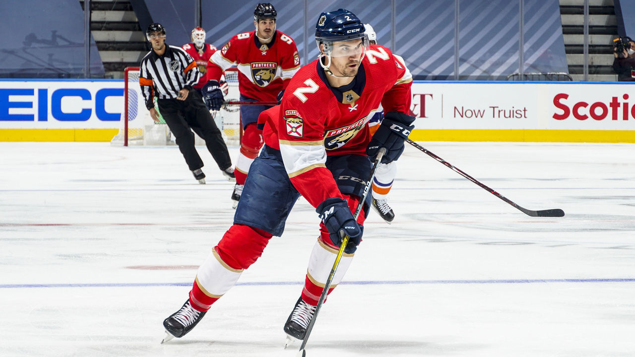 TORONTO, ONTARIO - AUGUST 07: Josh Brown #2 of the Florida Panthers plays the puck against the New York Islanders during the first period in Game Four of the Eastern Conference Qualification Round at Scotiabank Arena on August 07, 2020 in Toronto, Ontario.