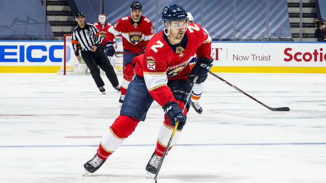 TORONTO, ONTARIO - AUGUST 07: Josh Brown #2 of the Florida Panthers plays the puck against the New York Islanders during the first period in Game Four of the Eastern Conference Qualification Round at Scotiabank Arena on August 07, 2020 in Toronto, Ontario.