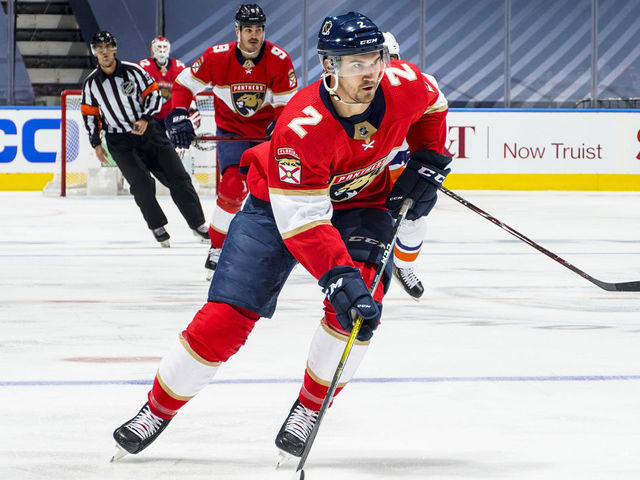 TORONTO, ONTARIO - AUGUST 07: Josh Brown #2 of the Florida Panthers plays the puck against the New York Islanders during the first period in Game Four of the Eastern Conference Qualification Round at Scotiabank Arena on August 07, 2020 in Toronto, Ontario.