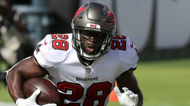 TAMPA, FL - SEP 20: Leonard Fournette (28) of the Bucs carries the ball during the regular season game between the Carolina Panthers and the Tampa Bay Buccaneers on September 20, 2020 at Raymond James Stadium in Tampa, Florida.