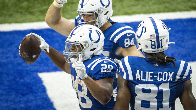 INDIANAPOLIS, IN - SEPTEMBER 27: Jonathan Taylor #28 of the Indianapolis Colts reacts after running for a touchdown during the third quarter of the game against the New York Jets at Lucas Oil Stadium on September 27, 2020 in Indianapolis, Indiana.