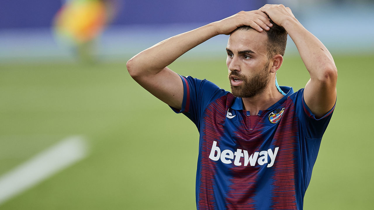 Borja Mayoral of Levante lament a failed occasion during the Liga match between Levante UD and Real Sociedad at Ciutat de Valencia on July 6, 2020 in Valencia, Spain.