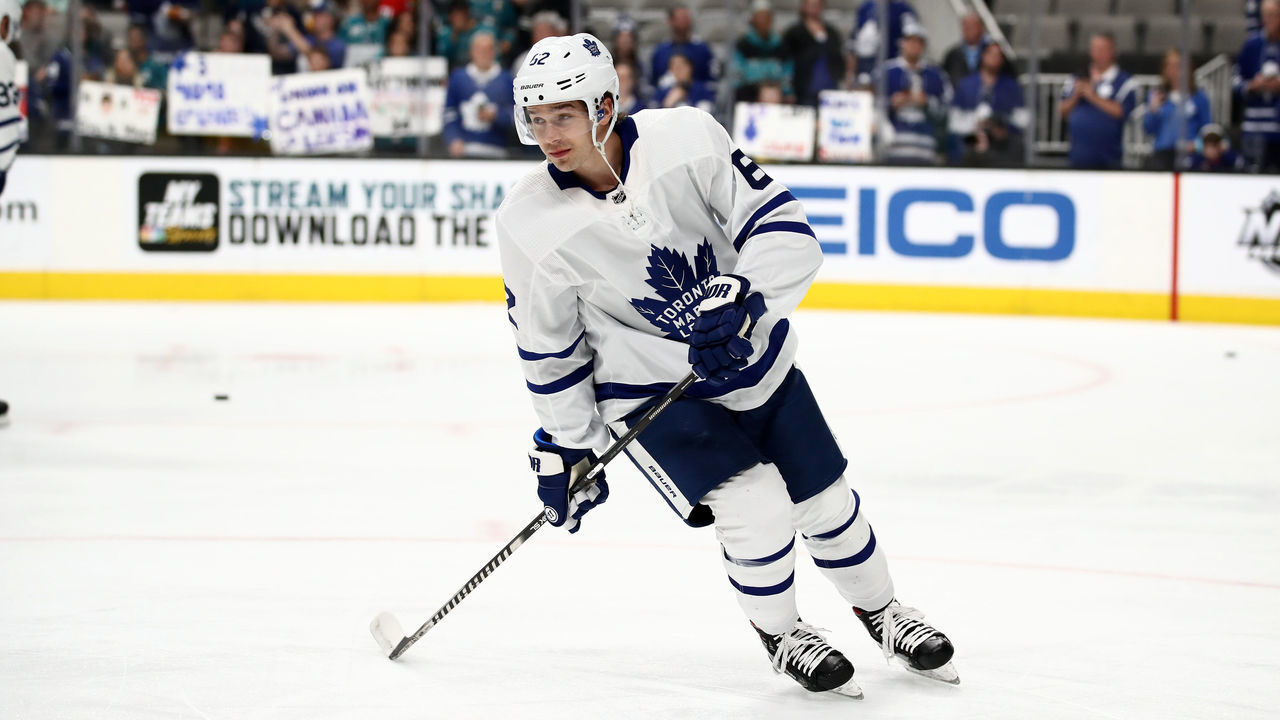 SAN JOSE, CALIFORNIA - MARCH 03: Denis Malgin #62 of the Toronto Maple Leafs warms up before their game against the San Jose Sharks at SAP Center on March 03, 2020 in San Jose, California.