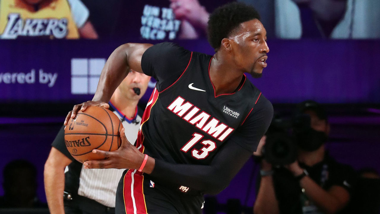 ORLANDO, FL - SEPTEMBER 30: Bam Adebayo #13 of the Miami Heat handles the ball during the game against the Los Angeles Lakers during Game One of the NBA Finals on September 30, 2020 at The AdventHealth Arena at ESPN Wide World Of Sports Complex in Orlando, Florida. NOTE TO USER: User expressly acknowledges and agrees that, by downloading and/or using this Photograph, user is consenting to the terms and conditions of the Getty Images License Agreement. Mandatory Copyright Notice: Copyright 2020 NBAE