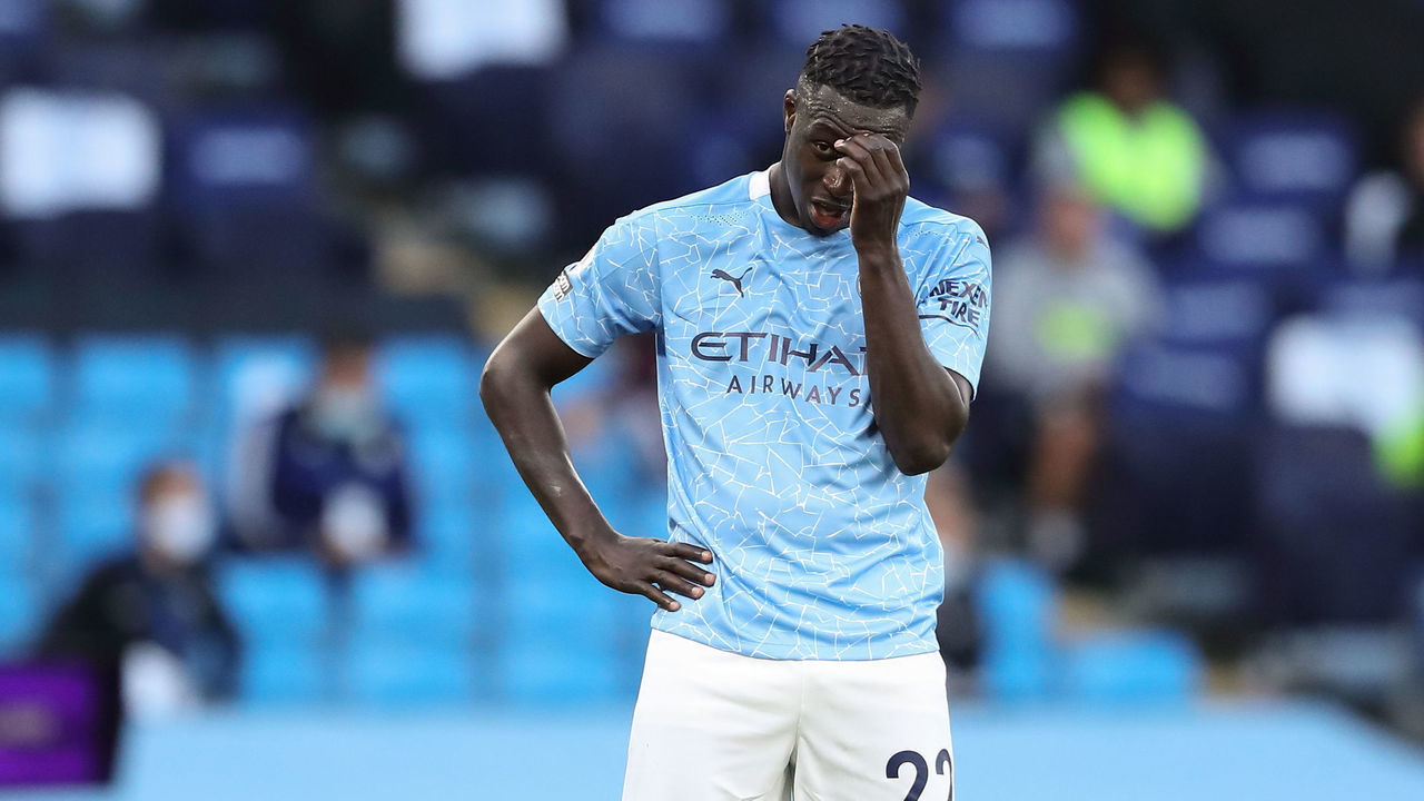 MANCHESTER, ENGLAND - SEPTEMBER 27: A dejected Benjamin Mendy of Manchester City during the Premier League match between Manchester City and Leicester City at Etihad Stadium on September 27, 2020 in Manchester, United Kingdom. Sporting stadiums around the UK remain under strict restrictions due to the Coronavirus Pandemic as Government social distancing laws prohibit fans inside venues resulting in games being played behind closed doors.