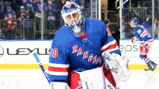 NEW YORK, NY - MARCH 09: Henrik Lundqvist #30 of the New York Rangers skates during warmups prior to the game against the New Jersey Devils at Madison Square Garden on March 9, 2019 in New York City.