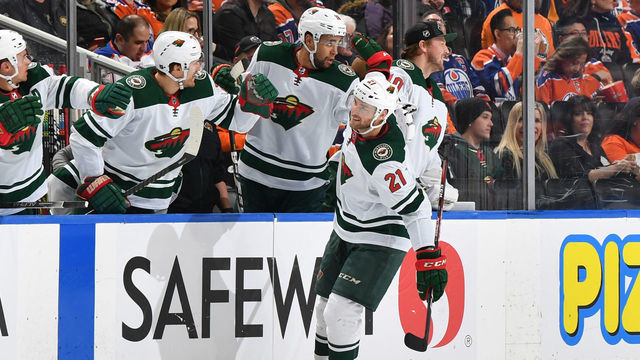 EDMONTON, AB - FEBRUARY 21: Carson Soucy #21 of the Minnesota Wild celebrates after a goal during the game against the Edmonton Oilers on February 21, 2020, at Rogers Place in Edmonton, Alberta, Canada.