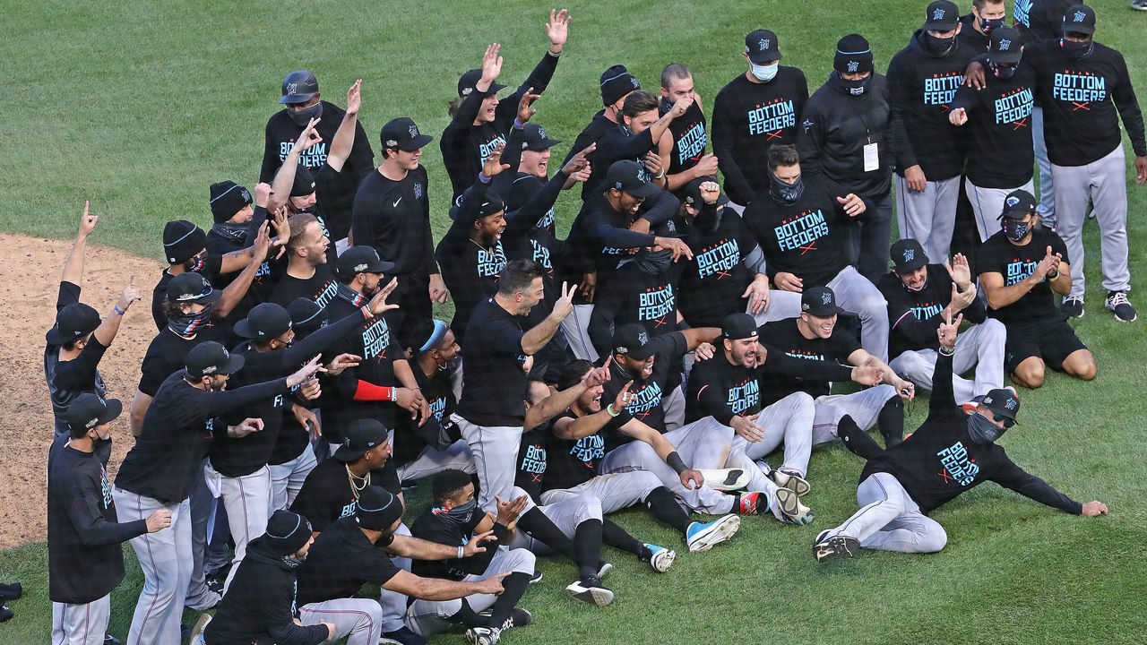 CHICAGO, ILLINOIS - OCTOBER 02: Members of the Miami Marlins celebrate a win over the Chicago Cubs during Game Two of the National League Wild Card Series at Wrigley Field on October 02, 2020 in Chicago, Illinois. The Marlins defeated the Cubs 2-0.