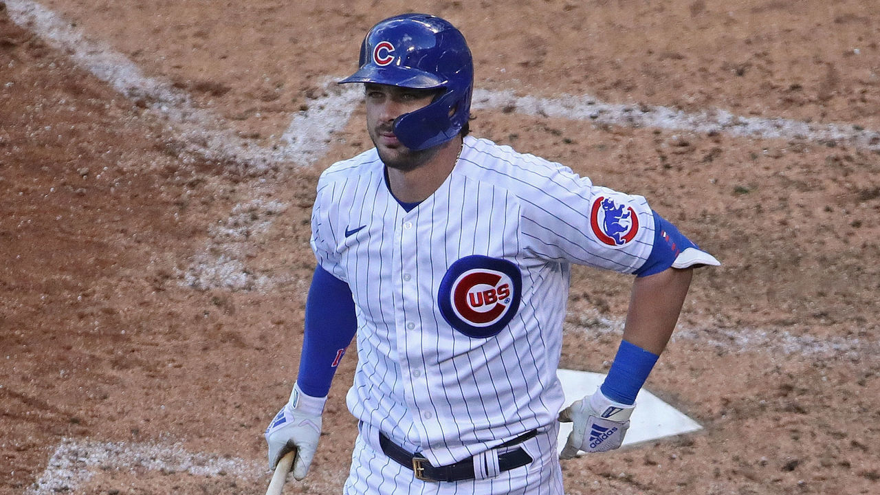 CHICAGO, ILLINOIS - SEPTEMBER 30: Kris Bryant #17 of the Chicago Cubs tries to compose himself as he bats against the Miami Marlins during Game One of the National League Wild Card Series at Wrigley Field on September 30, 2020 in Chicago, Illinois. The Marlins defeated the Cubs 5-1.
