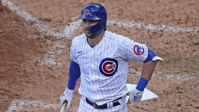 CHICAGO, ILLINOIS - SEPTEMBER 30: Kris Bryant #17 of the Chicago Cubs tries to compose himself as he bats against the Miami Marlins during Game One of the National League Wild Card Series at Wrigley Field on September 30, 2020 in Chicago, Illinois. The Marlins defeated the Cubs 5-1.