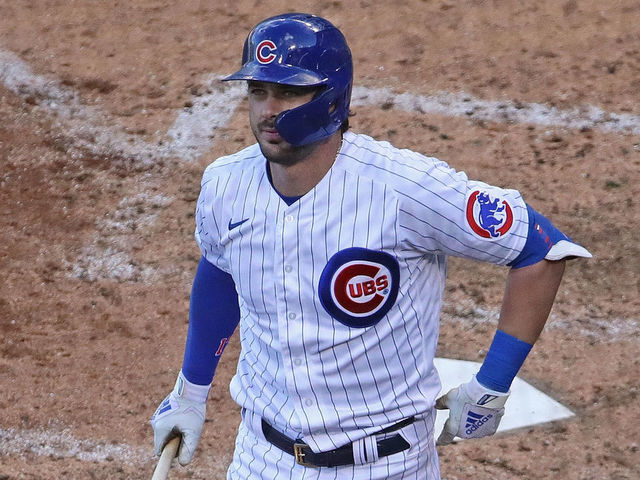 CHICAGO, ILLINOIS - SEPTEMBER 30: Kris Bryant #17 of the Chicago Cubs tries to compose himself as he bats against the Miami Marlins during Game One of the National League Wild Card Series at Wrigley Field on September 30, 2020 in Chicago, Illinois. The Marlins defeated the Cubs 5-1.